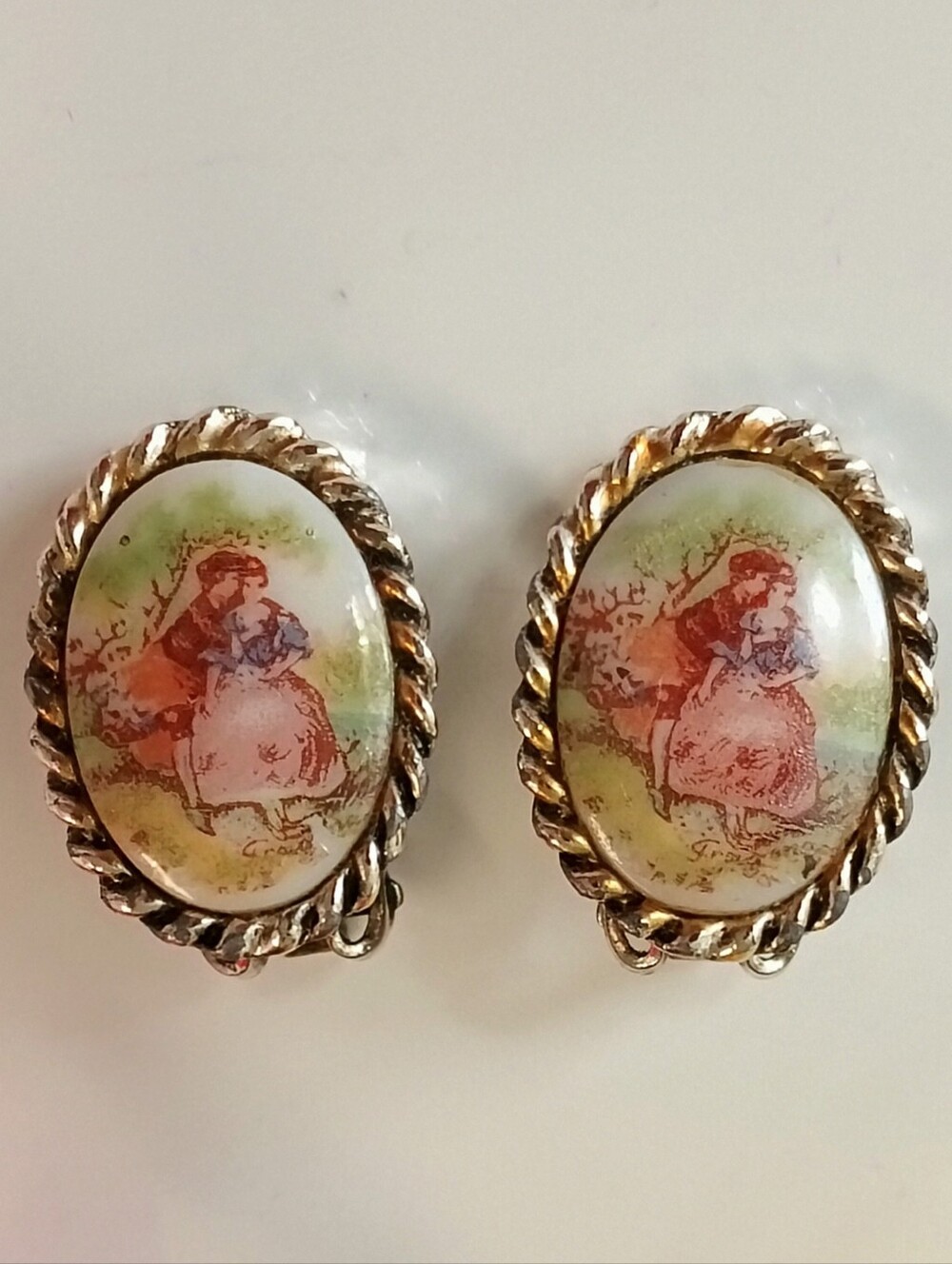 Vintage Oval Silver Victorian Painted Clip Earrings